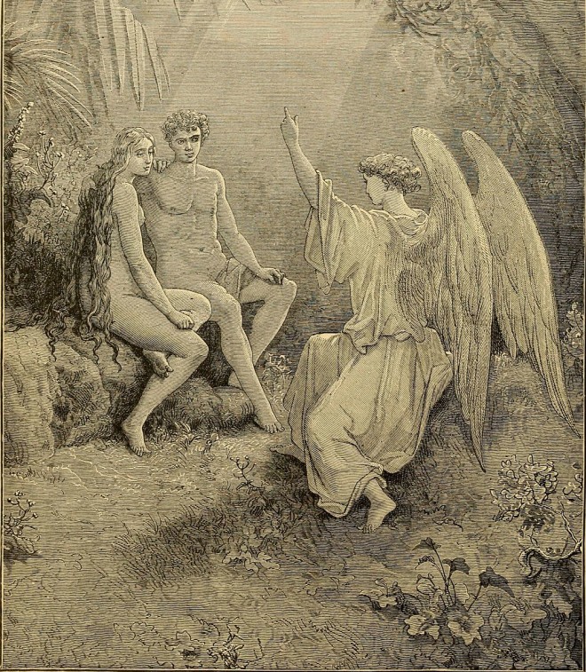 adam and eve with an angel